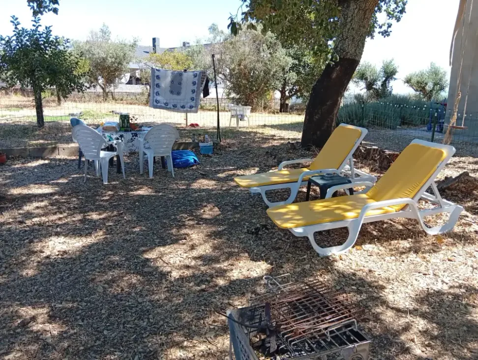 Espreguiçadeiras à sombra dos sobreiros no pátio do Aroma das Tílias, Proença-a-Nova